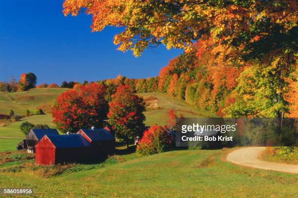 fall colors surrounding vermont farm - woodstock stock pictures, royalty-free photos & images