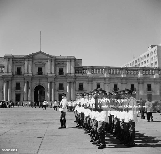 Soldiers on parade outside the La Moneda in Santiago,Chile.