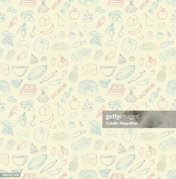 seamless food doodles - dumplings stock illustrations