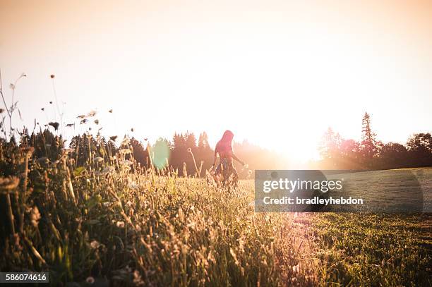 woman walking through meadow at sunset - floral dress stock pictures, royalty-free photos & images