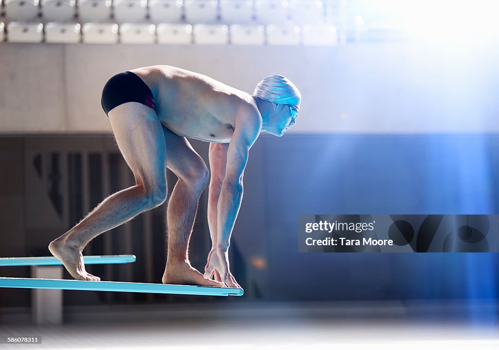 Male swimmer about to dive off board