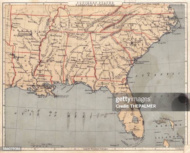 ilustraciones, imágenes clip art, dibujos animados e iconos de stock de mapa de los estados meridionales 1869 de los e.e.u.u. - south america