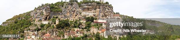 Panoramic view of medieval pilgrim complex of Rocamadour devoted to the worship of Virgin Mary, Rocamadour.