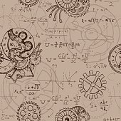 Seamless background with math formulas, cogs, graphics and old mechanisms