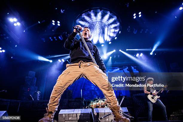 The singer and the guitarist of the band Iron Maiden Bruce Dickinson and Adrian Smith in concert at Mediolanum Forum of Assago. Assago, Italy. 22nd...