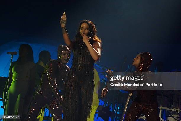Singer Rihanna performing at the PalaAlpitour during a leg of her Anti World Tour. Turin, Italy. 11th July 2016