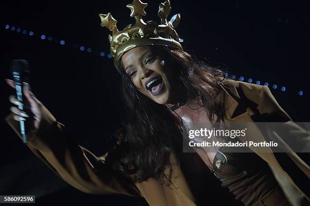 Singer Rihanna performing at the PalaAlpitour during a leg of her Anti World Tour. Turin, Italy. 11th July 2016