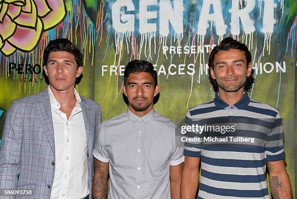 Los Angeles Galaxy soccer players Bryan Rowe, A.J. DeLaGarza and Baggio Husidic attend the Gen Art Fresh Faces in Fashion Los Angeles fashion show at...