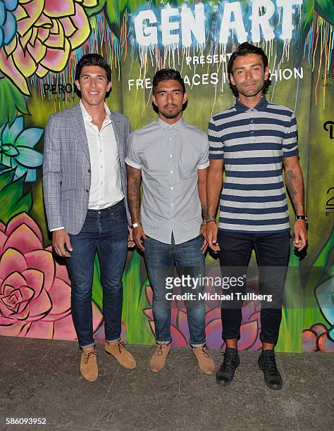 Los Angeles Galaxy soccer players Bryan Rowe, A.J. DeLaGarza and Baggio Husidic attend the Gen Art Fresh Faces in Fashion Los Angeles fashion show at...