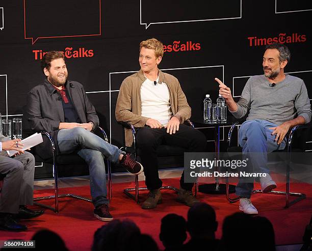 Actors Jonah Hill, Miles Teller and director Todd Phillips attend TimesTalks Presents The Cast of 'War Dogs' at The Times Center on August 4, 2016 in...