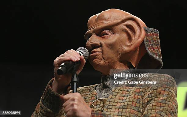 Actor Max Grodenchik , dressed as the character Rom from the "Star Trek: Deep Space Nine" television franchise, speaks during "The Ferengis" panel at...