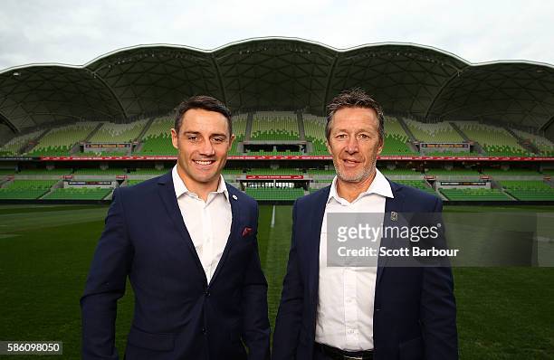 Cooper Cronk of the Storm and Storm head coach Craig Bellamy pose during a Melbourne Storm NRL media opportunity at AAMI Park on August 5, 2016 in...