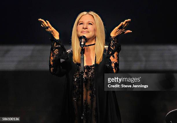Barbra Streisand performs onstage during the Barbra - The Music... The Mem'ries... The Magic! Tour at SAP Center on August 4, 2016 in San Jose,...