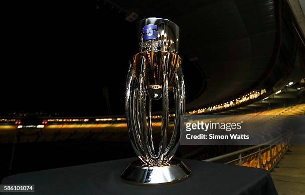 The Siper Rugby trophy during the Super Rugby Final media opportunity at Westpac Stadium on August 5, 2016 in Wellington, New Zealand.