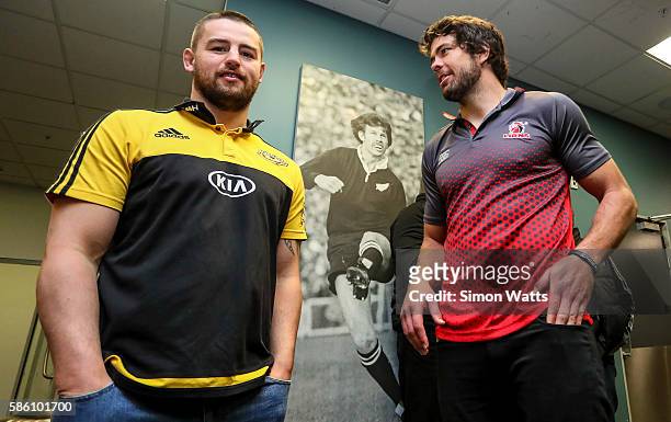 Lions captain Warren Whiteley and Hurricanes captain Dane Coles pose for a photo during the Super Rugby Final media opportunity at Westpac Stadium on...