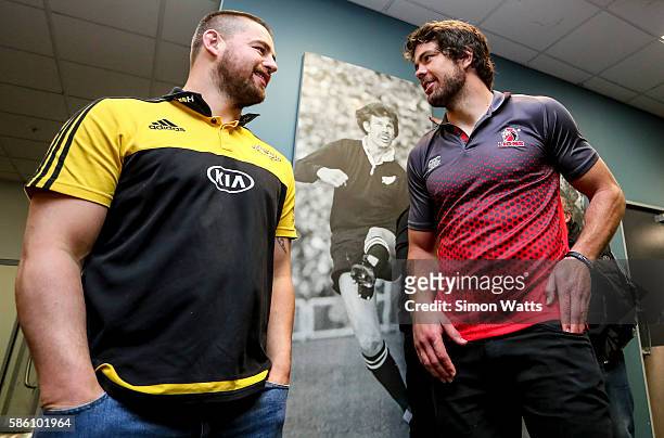 Lions captain Warren Whiteley and Hurricanes captain Dane Coles pose for a photo during the Super Rugby Final media opportunity at Westpac Stadium on...