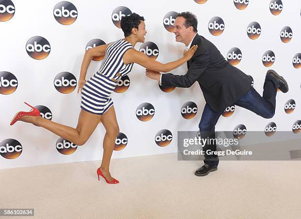 Actors Carly Hughes and Diedrich Bader of "American Housewife" arrive at the Disney ABC Television Group TCA Summer Press Tour at the Beverly Hilton...