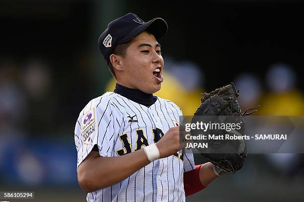 Shota Katekaru of Japan celebrates in the top half of the first inning in the super round game between Japan and USA during The 3rd WBSC U-15...