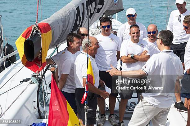 King Felipe VI of Spain poses with Aifos Team omboard Aifos during 35th Copa Del Rey Mafre Sailing Cup on August 5, 2016 in Palma de Mallorca, Spain.