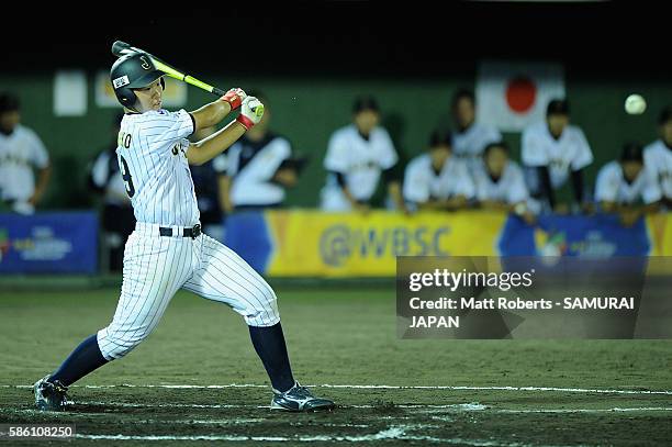 Kotaro Hoshino of Japan fouls off a ball in the bottom half of the sixth inning in the super round game between Japan and USA during The 3rd WBSC...