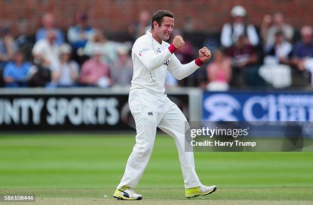 Roelef Van Der Merwe of Somerset celebrates after dismissing Chris Rushworth of Durham during Day Two of the Specsavers County Championship Division...