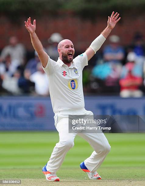 Chris Rushworth of Durham celebrates after dismissing Chris Rogers of Somerset during Day Two of the Specsavers County Championship Division One...