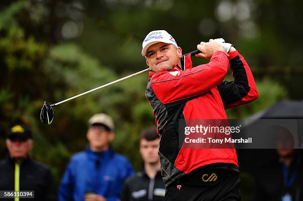 Paul Lawrie of Scotland takes his tee shot on hole 2 on day two of the Aberdeen Asset Management Paul Lawrie Matchplay at Archerfield Links Golf Club...