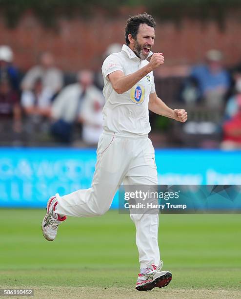 Graham Onions of Durham celebrates after dismissing James Hildreth of Somerset during Day Two of the Specsavers County Championship Division One...