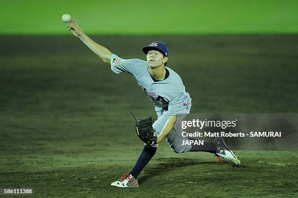 Zachary Martinez of the USA throws a pitch in the bottom half of the nineth inning in the super round game between Japan and USA during The 3rd WBSC...