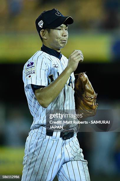 Shoki Koyama of Japan looks on in the top half of the fifth inning in the super round game between Japan and USA during The 3rd WBSC U-15 Baseball...