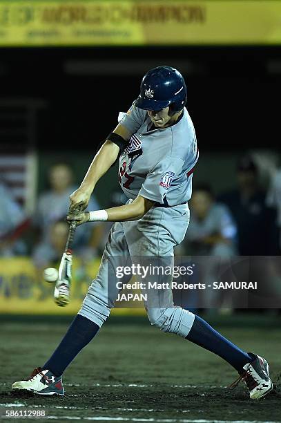Justin Campbell hits to centre in the top half of the fifth inning in the super round game between Japan and USA during The 3rd WBSC U-15 Baseball...