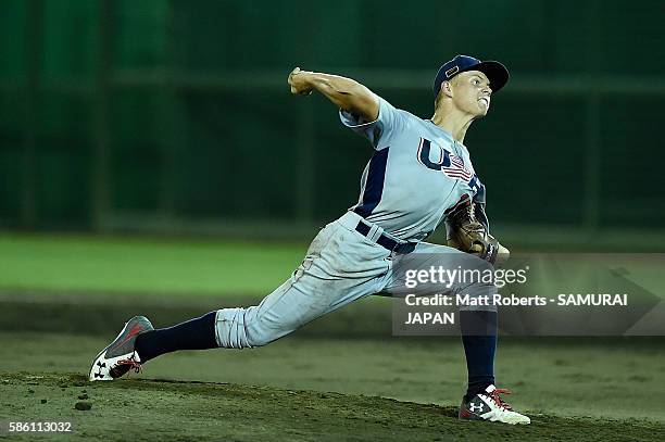 Wesley Scott of the USA throws a pitch in the bottom half of the fourth inning in the super round game between Japan and USA during The 3rd WBSC U-15...