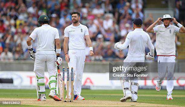 Pakistan batsman Misbah-ul-Haq is bowled by James Anderson during day 3 of the 3rd Investec Test Match between Engand and Pakistan at Edgbaston on...