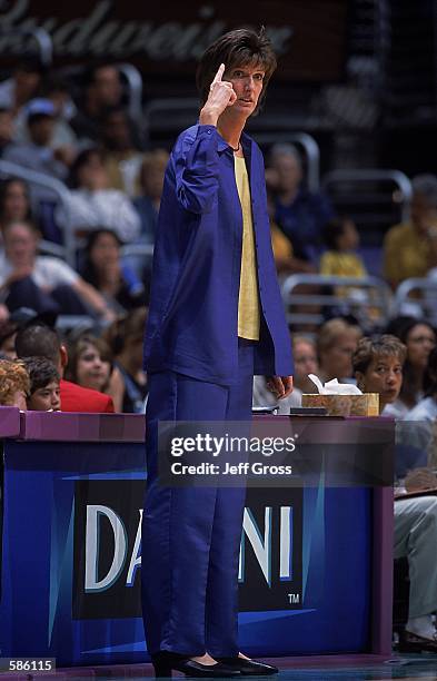 Head Coach Anne Donovan of the Charlotte Sting reacts to the action during the game against the Los Angeles Sparks at the STAPLES Center in Los...