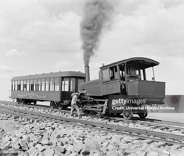 Cog wheel train, Manitou and Pike's Peak Railway, Colorado, USA, circa 1900.