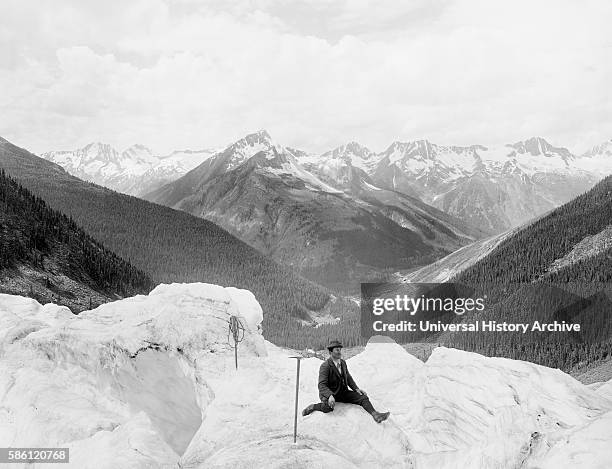 Mountain Climber Portrait, Hermit Range & Rogers Pass, Selkirk Mountains, Canada, circa 1905.