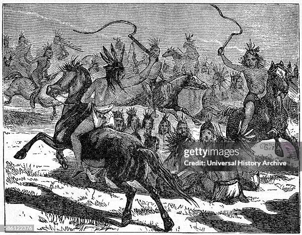ÒComanches ÔSmoking HorsesÕÓ, Sac and Fox Village after Sketch by George Catlin, Book Illustration from ÒIndian Horrors or Massacres of the Red MenÓ,...