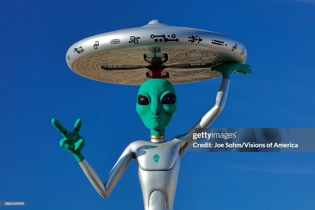 ET with flying saucer on his head off Interstate 15, Baker, CA. Extra Terrestrial highway, California