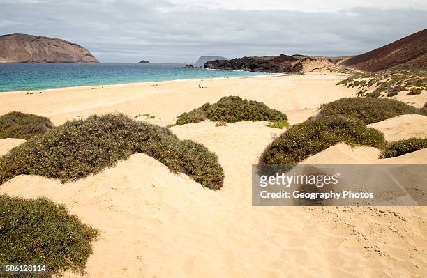 Montana Clara island nature reserve and sandy beach Playa de las Conchas, Graciosa island, Lanzarote, Canary Islands, Spain.