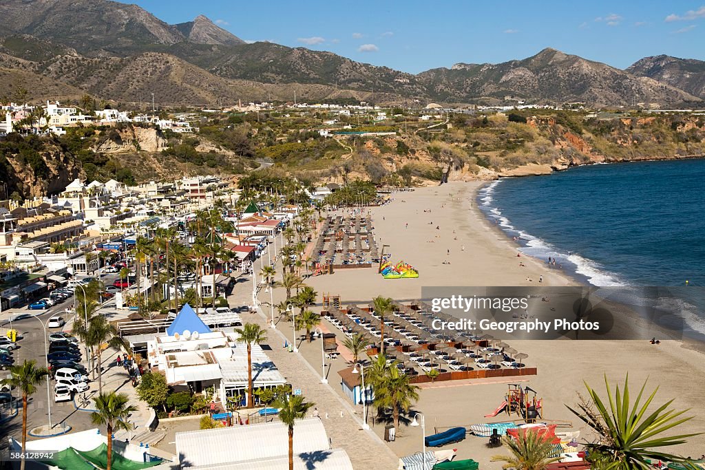 Playa Burriana sandy beach at resort town of Nerja, Malaga province, Spain