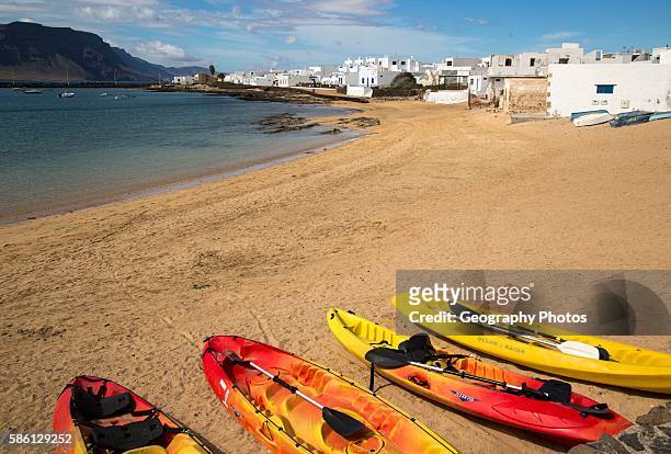 Playa La Laja sandy beach, Caleta de Sebo village, La Isla Graciosa, Lanzarote, Canary Islands, Spain.