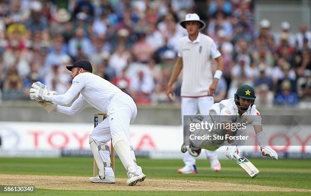 Pakistan batsman Yasir Shah dives full length for his ground but is run out by England wicketkeeper Jonny Bairstow during day 3 of the 3rd Investec...