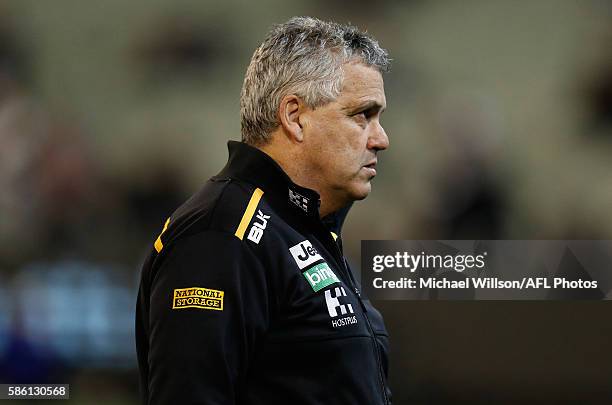 Mark Williams, Senior Development Coach of the Tigers looks on during the 2016 AFL Round 20 match between the Richmond Tigers and the Collingwood...