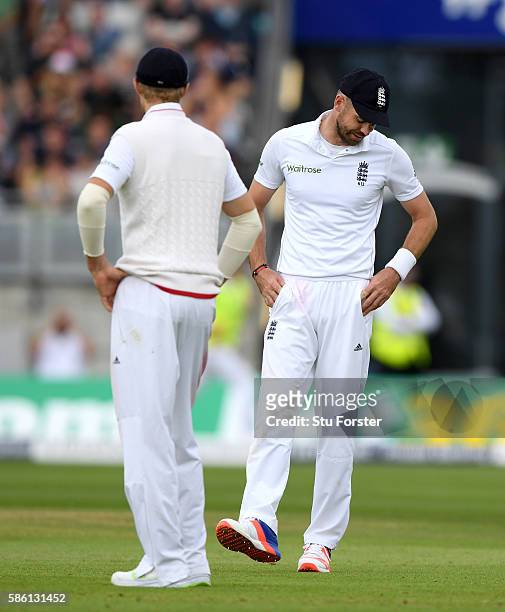 England bowler James Anderson reacts after his final warning means he is taken out of the attack during day 3 of the 3rd Investec Test Match between...