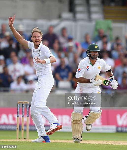Pakistan batsman Sohail Khan is dismissed by Stuart Broad during day 3 of the 3rd Investec Test Match between Engand and Pakistan at Edgbaston on...