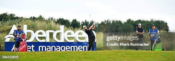 Paul Lawrie of Scotland takes his tee shot on hole 13 on day two of the Aberdeen Asset Management Paul Lawrie Matchplay at Archerfield Links Golf...