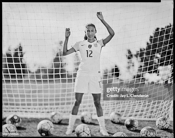 Christen Press, a forward with the Women's National Team, will compete at the 2016 Rio Olympics and is photographed at Chadwick School, where she is...