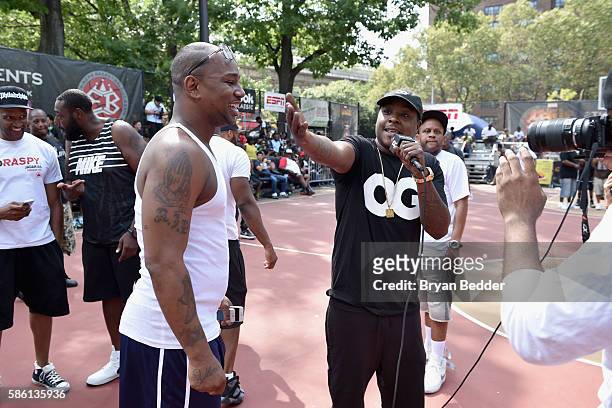 Rappers Cam'ron and Jadakiss attend the Launch of the new Reebok Question Mid EBC & A5 with Cam'ron and Jadakiss at Rucker Park on August 4, 2016 in...