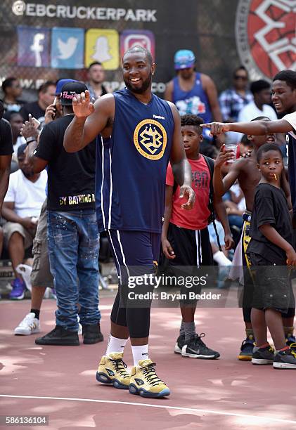 An athlete participates in a basketball game during the Launch of the new Reebok Question Mid EBC & A5 with Cam'ron and Jadakiss at Rucker Park on...