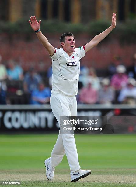 Craig Overton of Somerset appeals during Day Two of the Specsavers County Championship Division One match between Somerset and Durham at The Cooper...